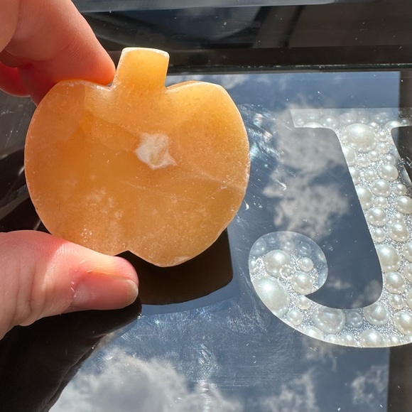 Natural Yellow Calcite Apple Slice Carving - Picture 2 of 3